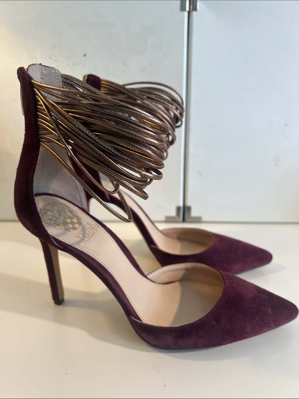 Vince Camuto Plum Suede Pointed-Toe Heels with Metallic Gold Ankle Wrap